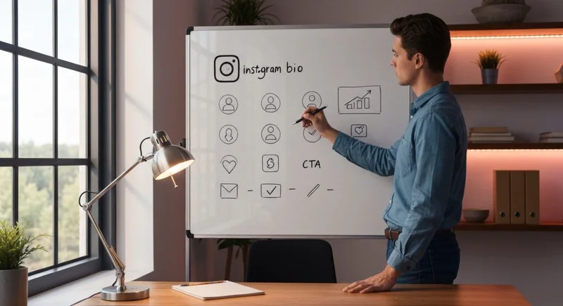 Profesional creativo frente a pizarra de vidrio con logo Instagram