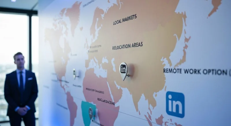 Profesional de negocio frente a mapa mural con pin LinkedIn