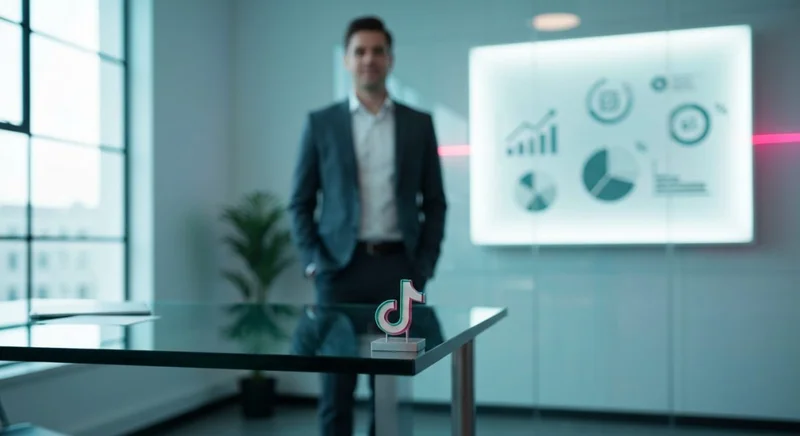 Profesional de negocios junto a escritorio de vidrio con TikTok