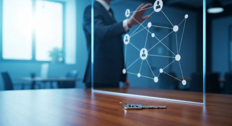 Profesional de negocios junto a panel de vidrio nodos LinkedIn