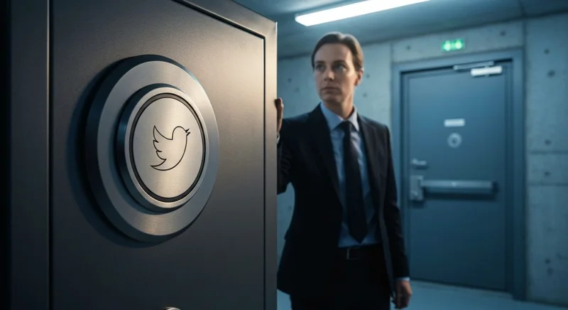 Profesional de seguridad junto a caja fuerte con logo Twitter