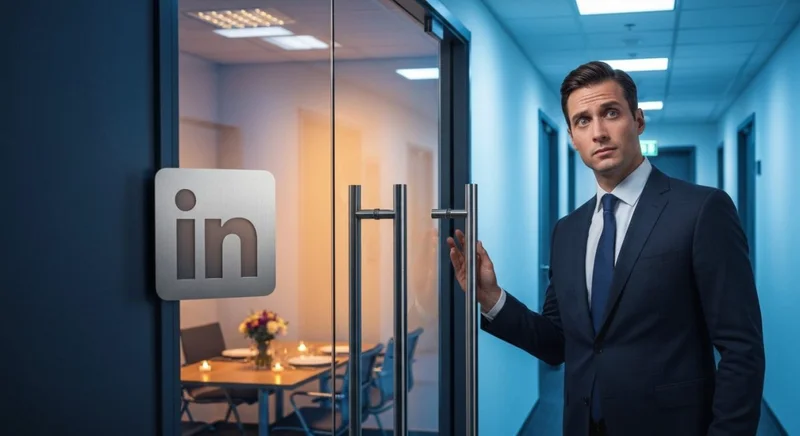 Profesional elegante frente a puerta de vidrio con logo LinkedIn
