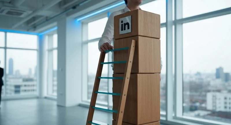 Profesional en atuendo smart casual junto escalera de carrera LinkedIn