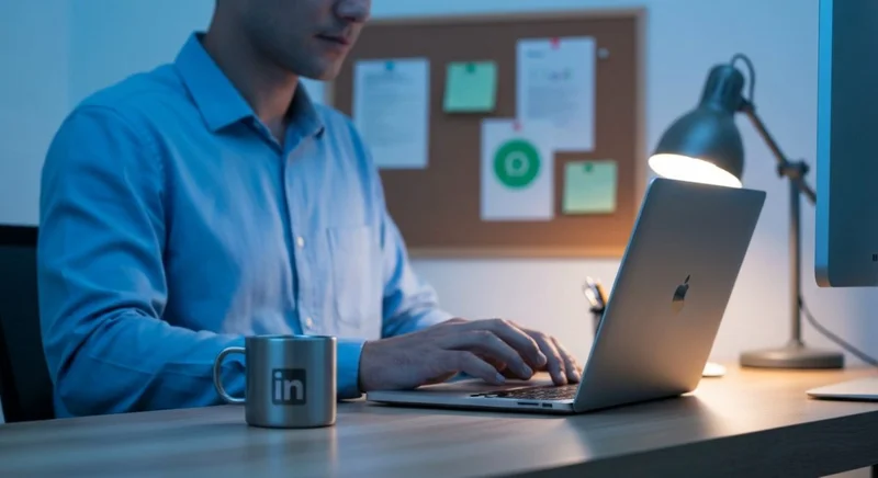 Profesional en escritorio moderno refina LinkedIn taza con logo LinkedIn