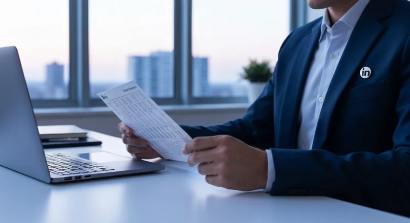 Profesional en escritorio moderno revisa hoja verificación código postal LinkedIn