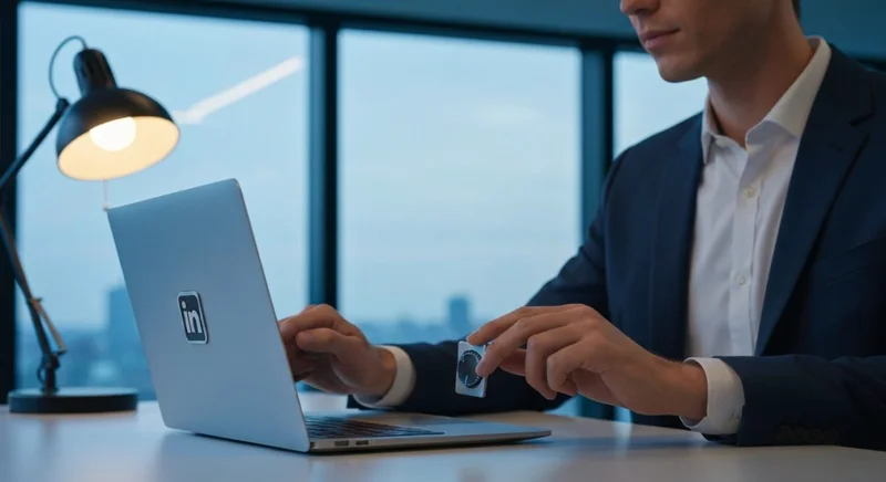 Profesional en oficina minimalista ajusta dial privacidad en laptop LinkedIn