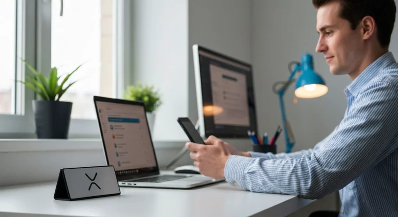 Profesional en oficina minimalista ajusta privacidad en laptop con logo X