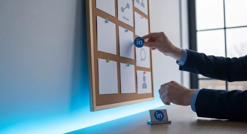 Profesional en oficina moderna coloca ficha azul con logo LinkedIn