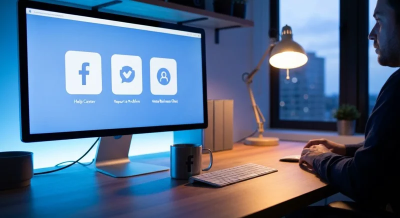 Profesional en oficina moderna frente a monitor y taza Facebook