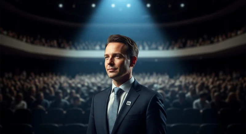 Profesional en traje oscuro con pin de logo de LinkedIn