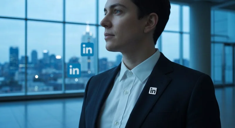 Profesional en vestíbulo corporativo con pin LinkedIn en solapa izquierda