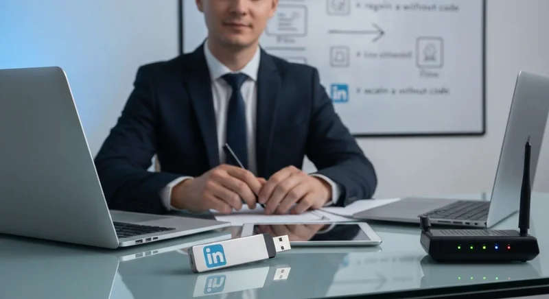 Profesional IT frente a escritorio de vidrio con USB LinkedIn