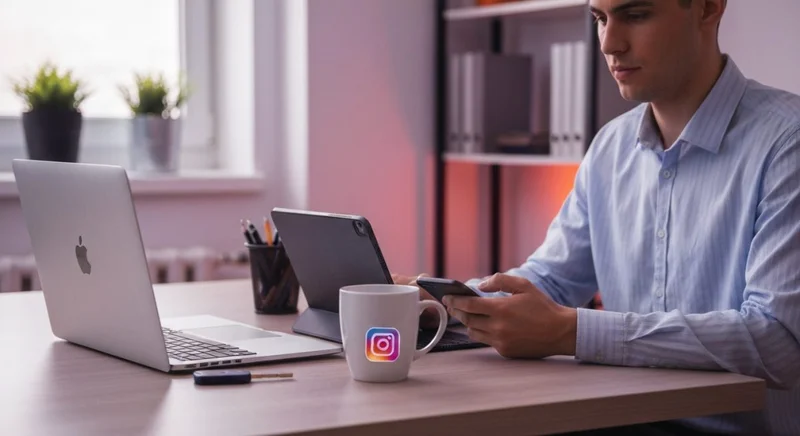 Profesional joven en escritorio moderno con laptop tableta smartphone Instagram