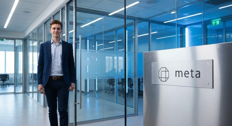 Profesional joven seguro frente logotipo Meta en la moderna recepción