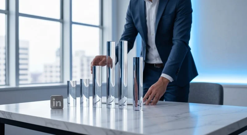 Profesional junto a escritorio de mármol blanco y pilares LinkedIn