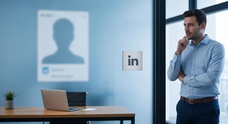 Profesional junto a vidrio esmerilado y placa LinkedIn frente escritorio