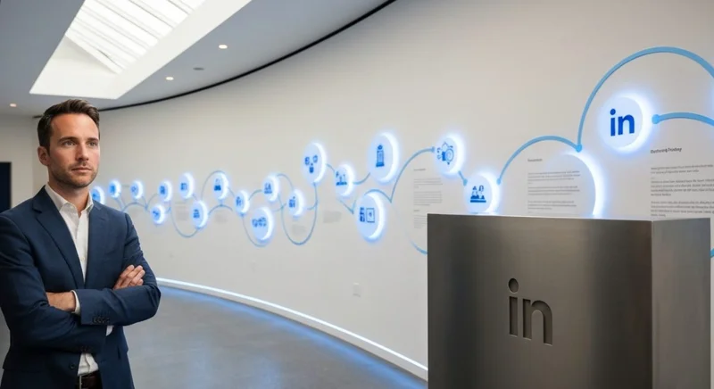 Profesional pensativo ante galería corporativa con línea de tiempo LinkedIn