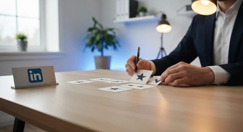 Profesional sentado ante un escritorio de madera organizando tarjetas LinkedIn