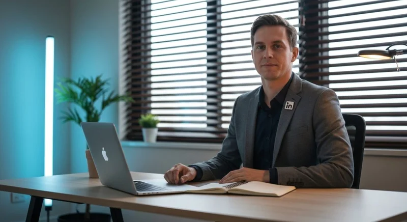 Profesional sentado en despacho minimalista con pin de LinkedIn visible