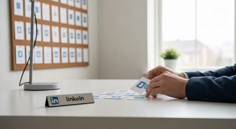 Profesional sentado en escritorio blanco organizando tarjetas de LinkedIn logo