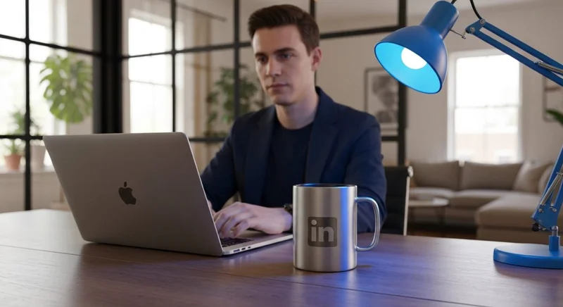 Profesional sentado en escritorio híbrido trabajando con taza grabada LinkedIn