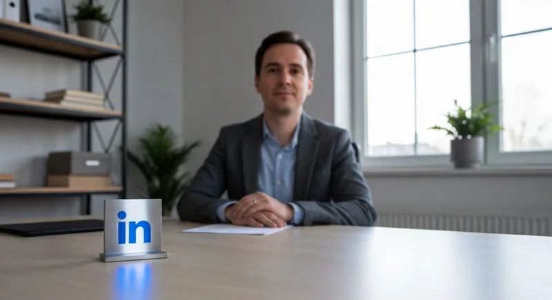 Profesional sentado en escritorio hogareño con placa de LinkedIn visible