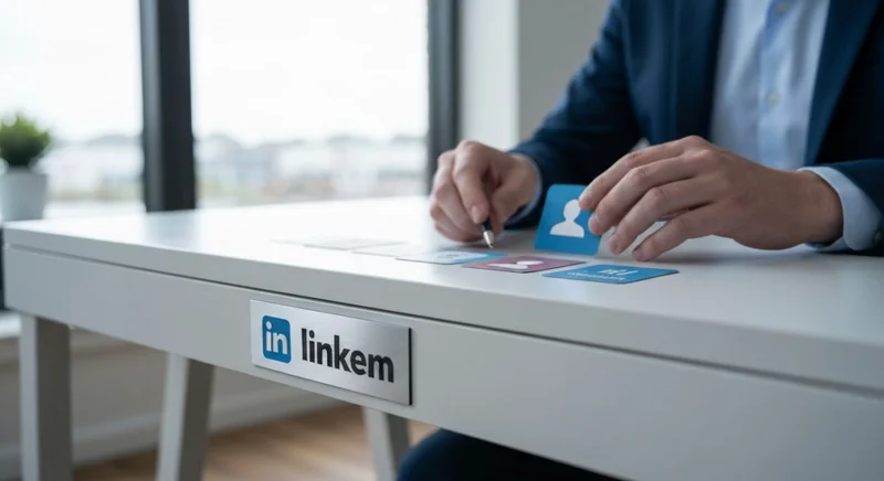 Profesional sentado en escritorio minimalista organizando iconos de perfil LinkedIn
