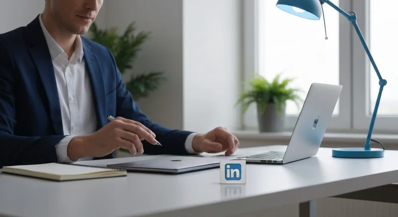Profesional sentado en escritorio minimalista planifica actualizar su perfil LinkedIn