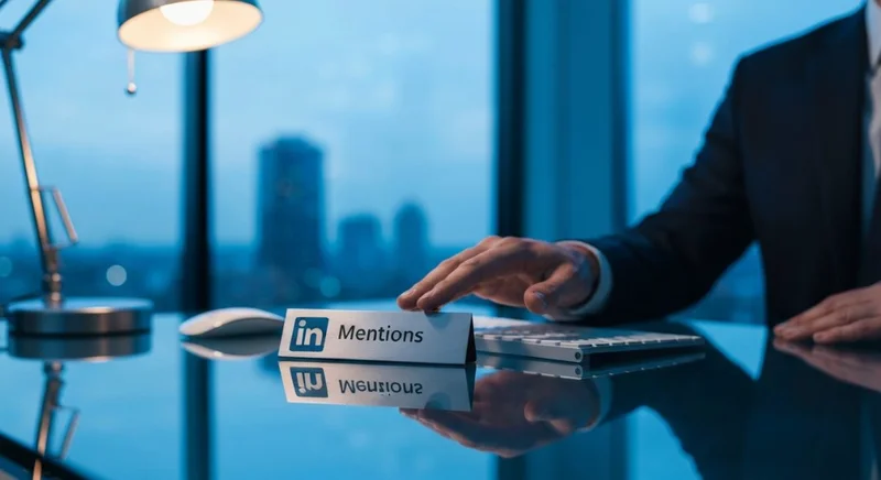 Profesional sentado frente a escritorio de vidrio observa placa LinkedIn