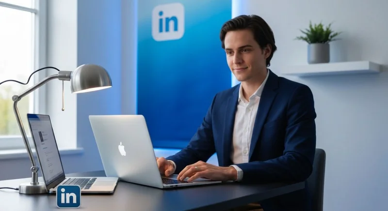 Profesional sentado frente a portátil en oficina domestica con LinkedIn