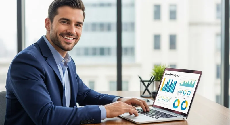 Profesional sonriente analizando gráficos LinkedIn en portátil