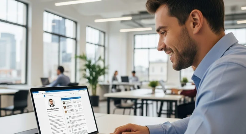 Profesional sonriente revisa perfil LinkedIn laptop oficina moderna