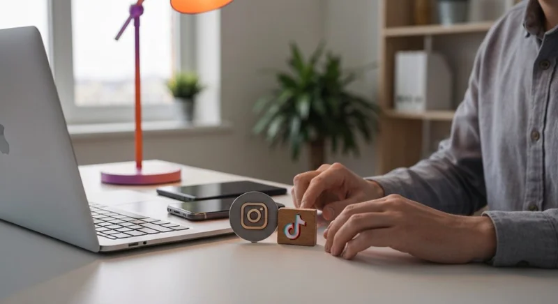 Profesional tecnológico en escritorio moderno con logos Instagram y TikTok