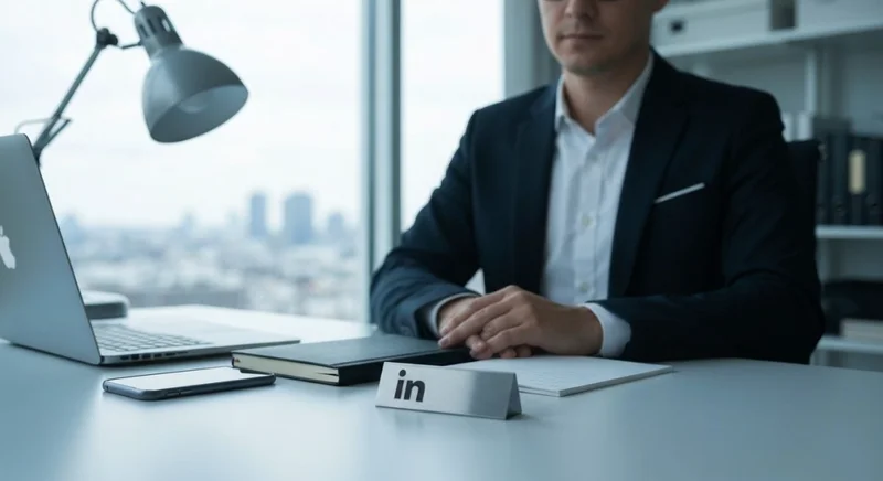 Profesional tranquilo enfocado sentado en escritorio minimalista con placa LinkedIn