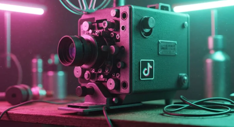 Proyector antiguo con logotipo TikTok en taller retro iluminado colorido