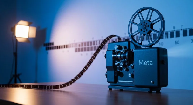 Proyector vintage de cine sobre mesa brillante con logo Meta