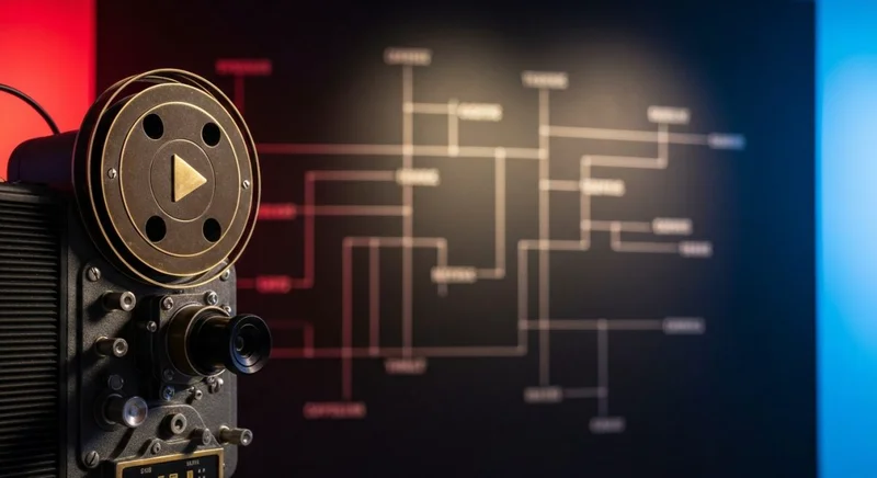 Proyector vintage en galería minimalista con grabado del botón reproducir