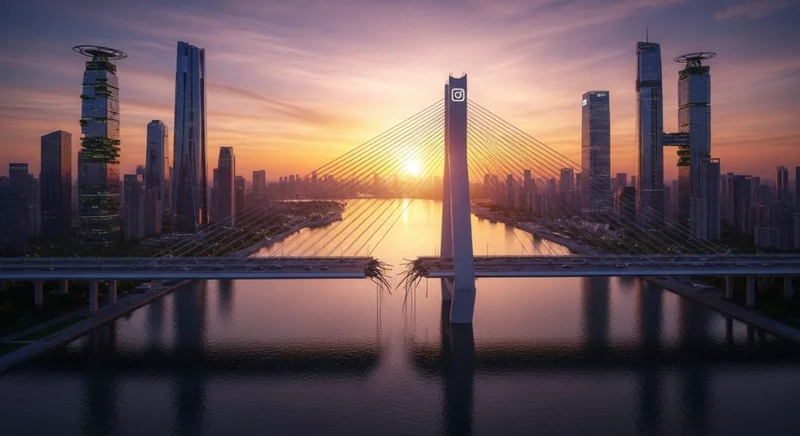 Puente colgante moderno sobre río al amanecer sin tránsito con logo de instagram