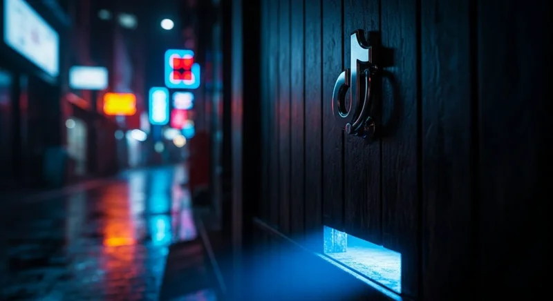 Puerta de madera oscura con llamador metálico TikTok iluminado