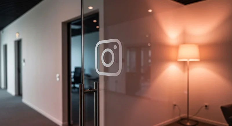 Puerta de vidrio en lobby minimalista con logo Instagram grabado