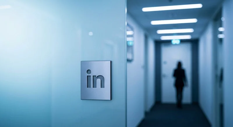 Puerta de vidrio esmerilado con logo LinkedIn grabado en manija