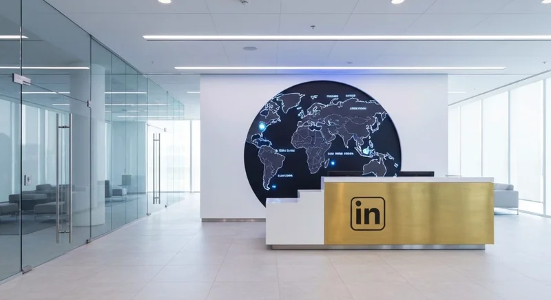 Recepción corporativa con mural circular mapa mundial y logo LinkedIn