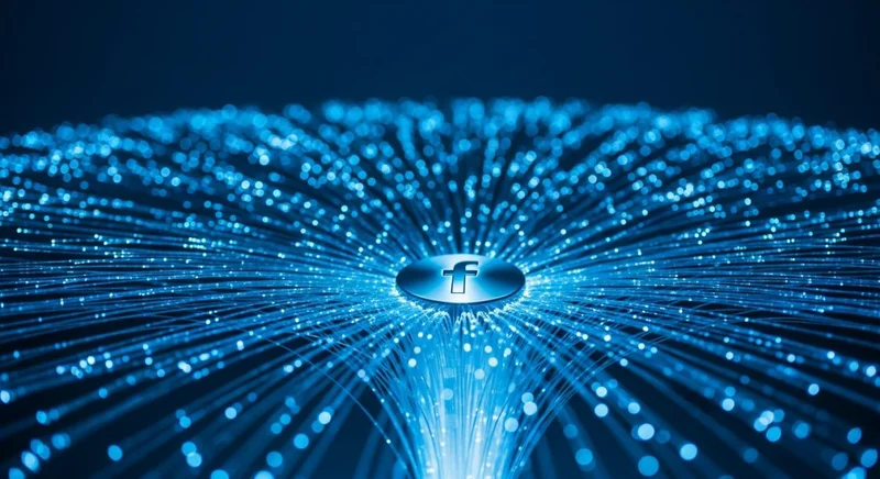 Red de hilos de fibra óptica azules con logo de Facebook en centro