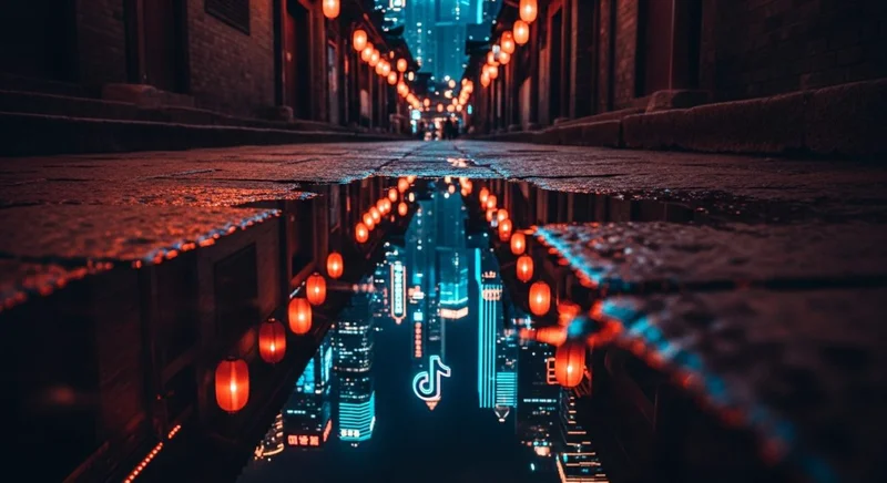 Reflejo en charco de un callejón chino con skyline de TikTok