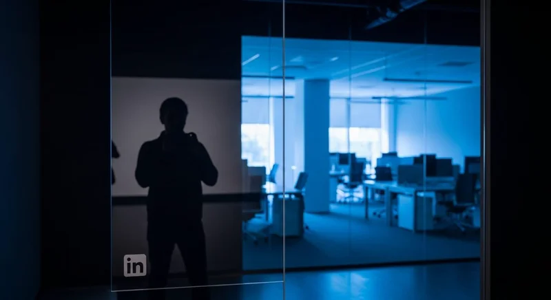 Reflejo tenue en espejo unidireccional con logo LinkedIn en oficina