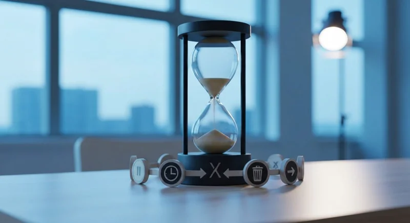 Reloj de arena minimalista rodeado de símbolos con logo X