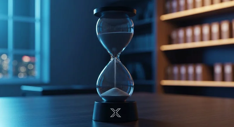 Reloj de arena minimalista sobre escritorio oscuro con logo X