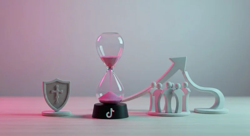 Reloj de arena rosa en escritorio minimalista con logo TikTok