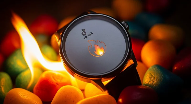 Reloj moderno con logo TikTok y motivo de fuego entre piedras