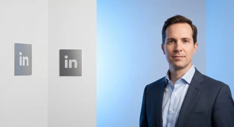 Retrato corporativo LinkedIn en estudio minimalista con placa logo in